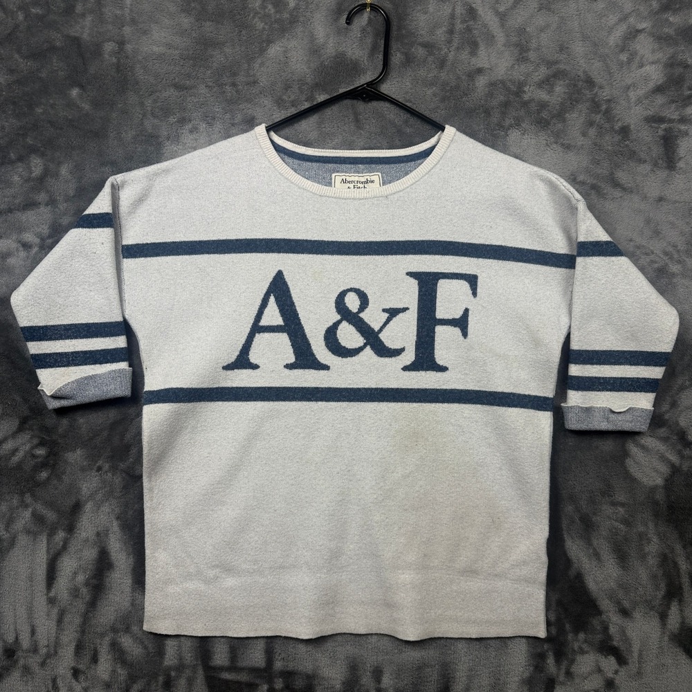 Abercrombie & Fitch Sweater Womens Small Gray Navy Striped Logo Knit Pullover